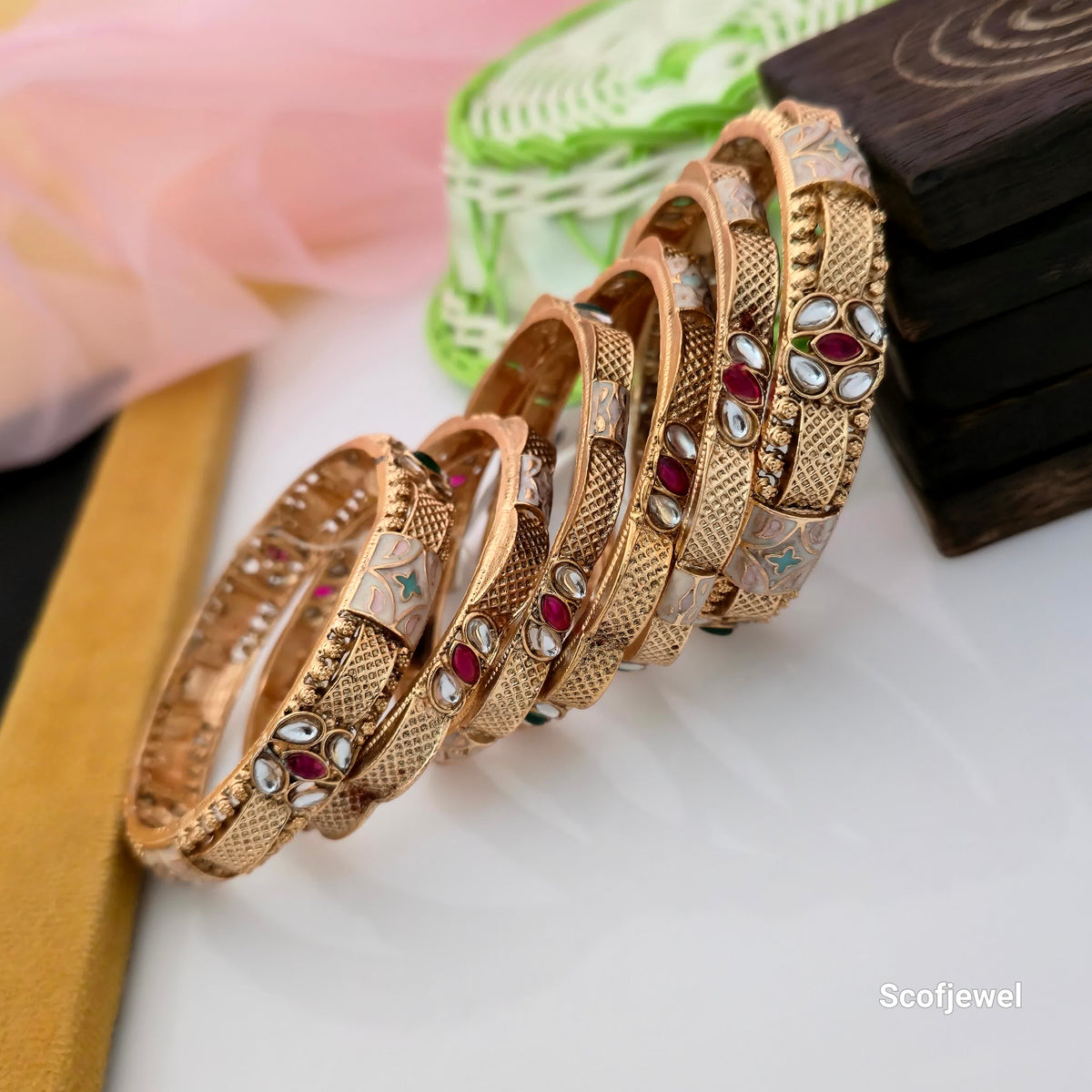 Rajwadi Polish Bangles Set with Red and White Stone Detailing | Traditional Designer Bangles for Women