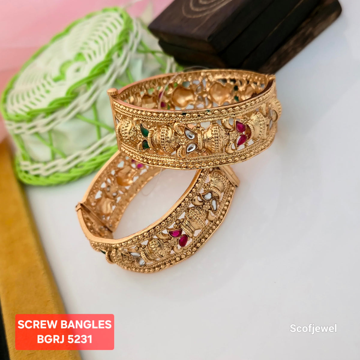 Adjustable Gold Plated Screw Bangles with Traditional Peacock Design | Green, Red and White Stone Bangles for Women