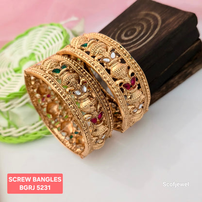 Adjustable Gold Plated Screw Bangles with Traditional Peacock Design | Green, Red and White Stone Bangles for Women