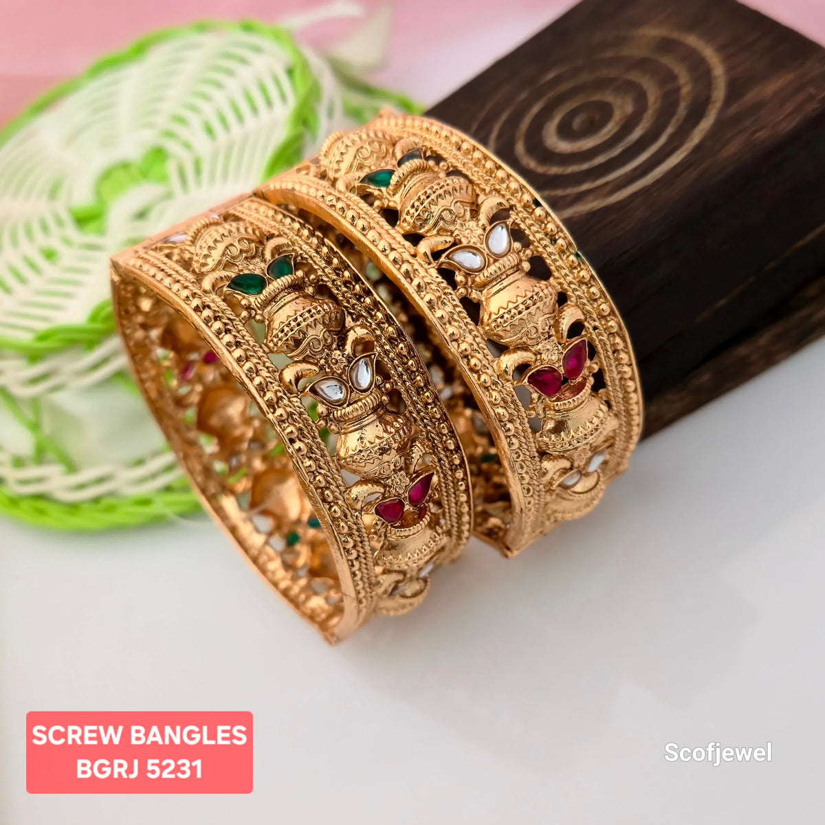 Adjustable Gold Plated Screw Bangles with Traditional Peacock Design | Green, Red and White Stone Bangles for Women