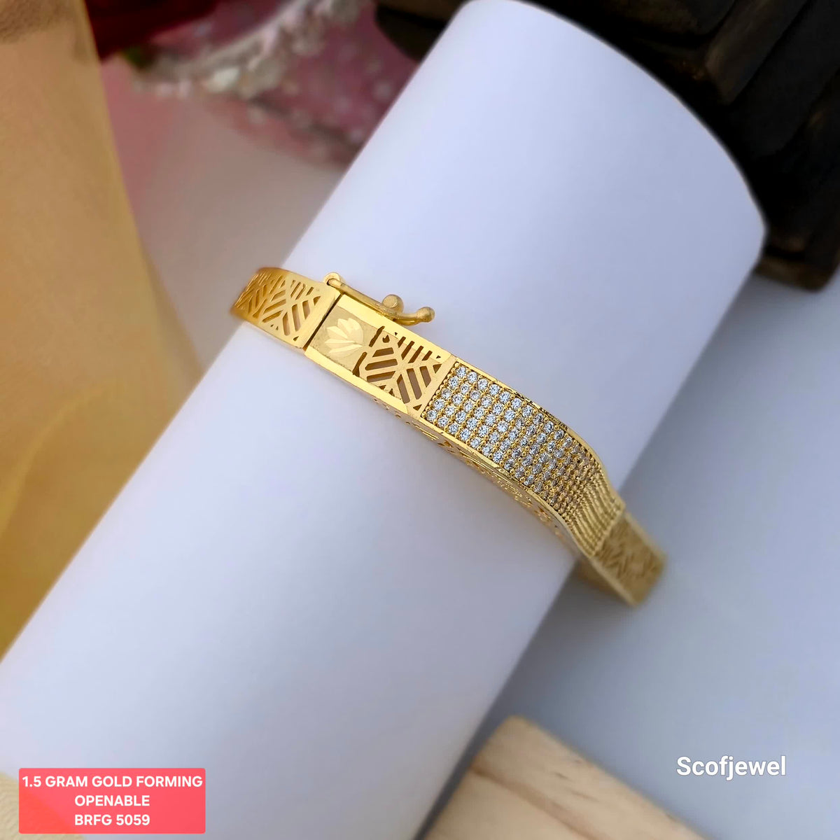 1.5 Gram Gold (Forming) Openable Designer Bangle with Full White Stone Detailing | Gold Finish Bangle BRFG 5059