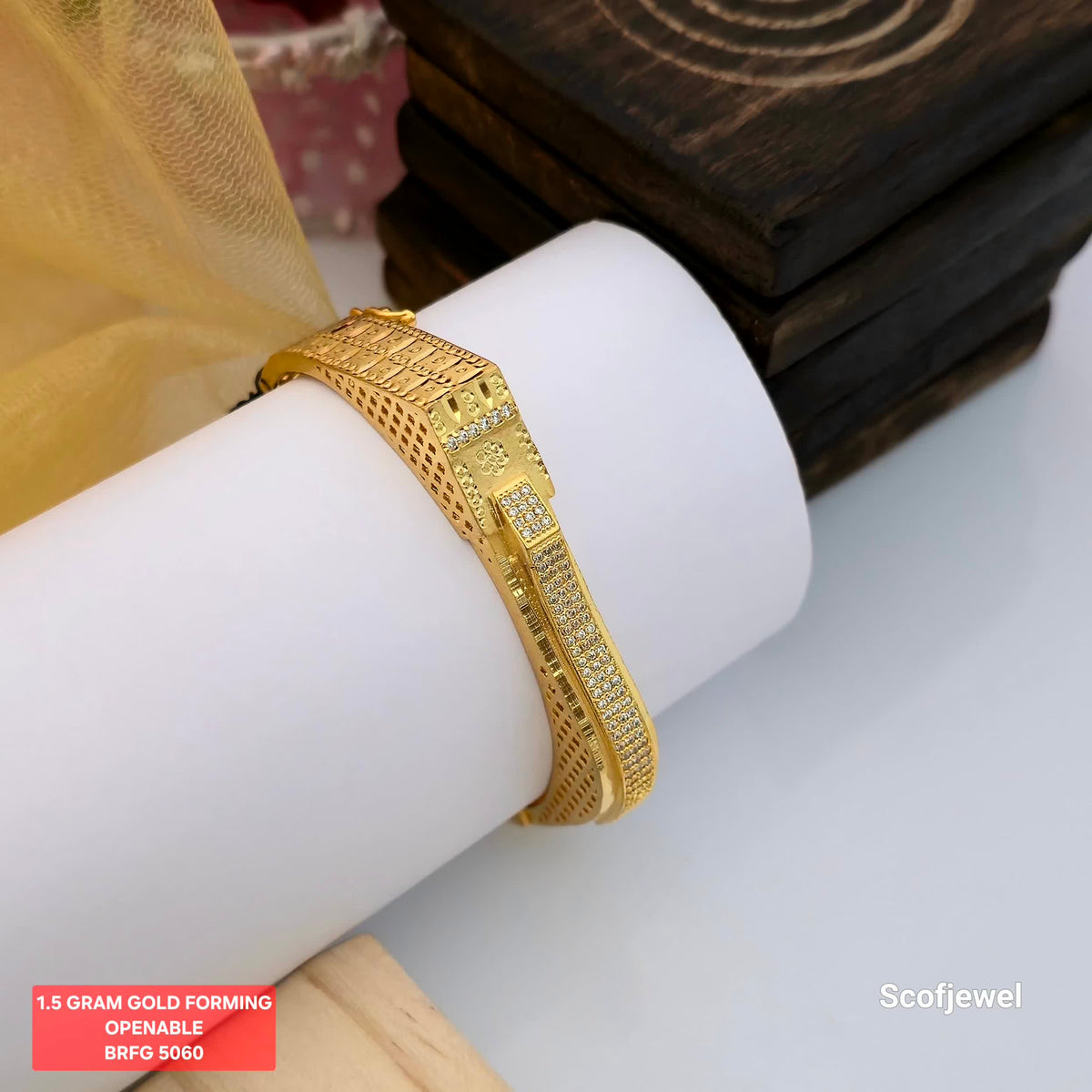 1.5 Gram Gold (Forming) Openable Designer Bangle with White Stone Detailing | Gold Finish Bangle for Women