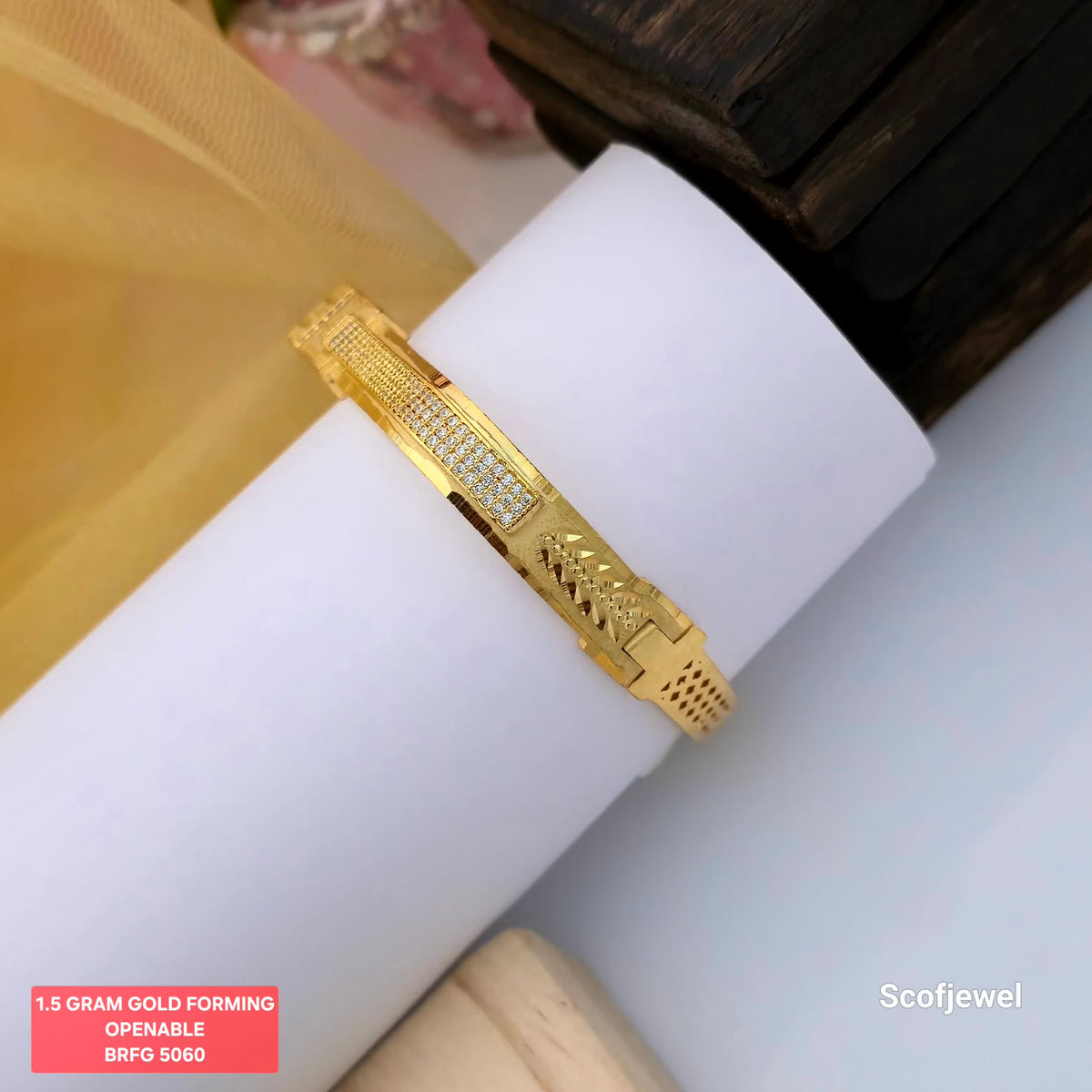 1.5 Gram Gold (Forming) Openable Designer Bangle with White Stone Detailing | Gold Finish Bangle for Women