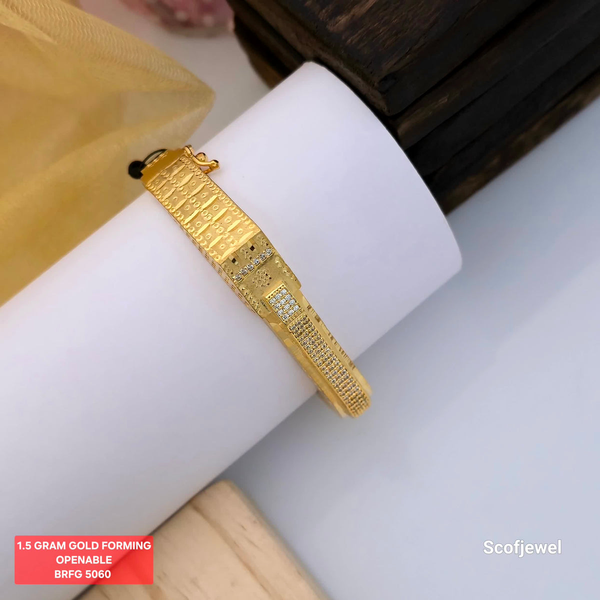 1.5 Gram Gold (Forming) Openable Designer Bangle with White Stone Detailing | Gold Finish Bangle for Women