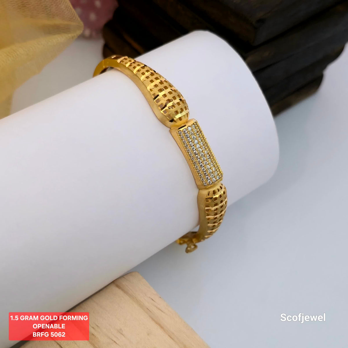 1.5 Gram Gold (Forming) Openable Bangle with White Stone Centre Panel | Designer Gold Tone Bangle for Women