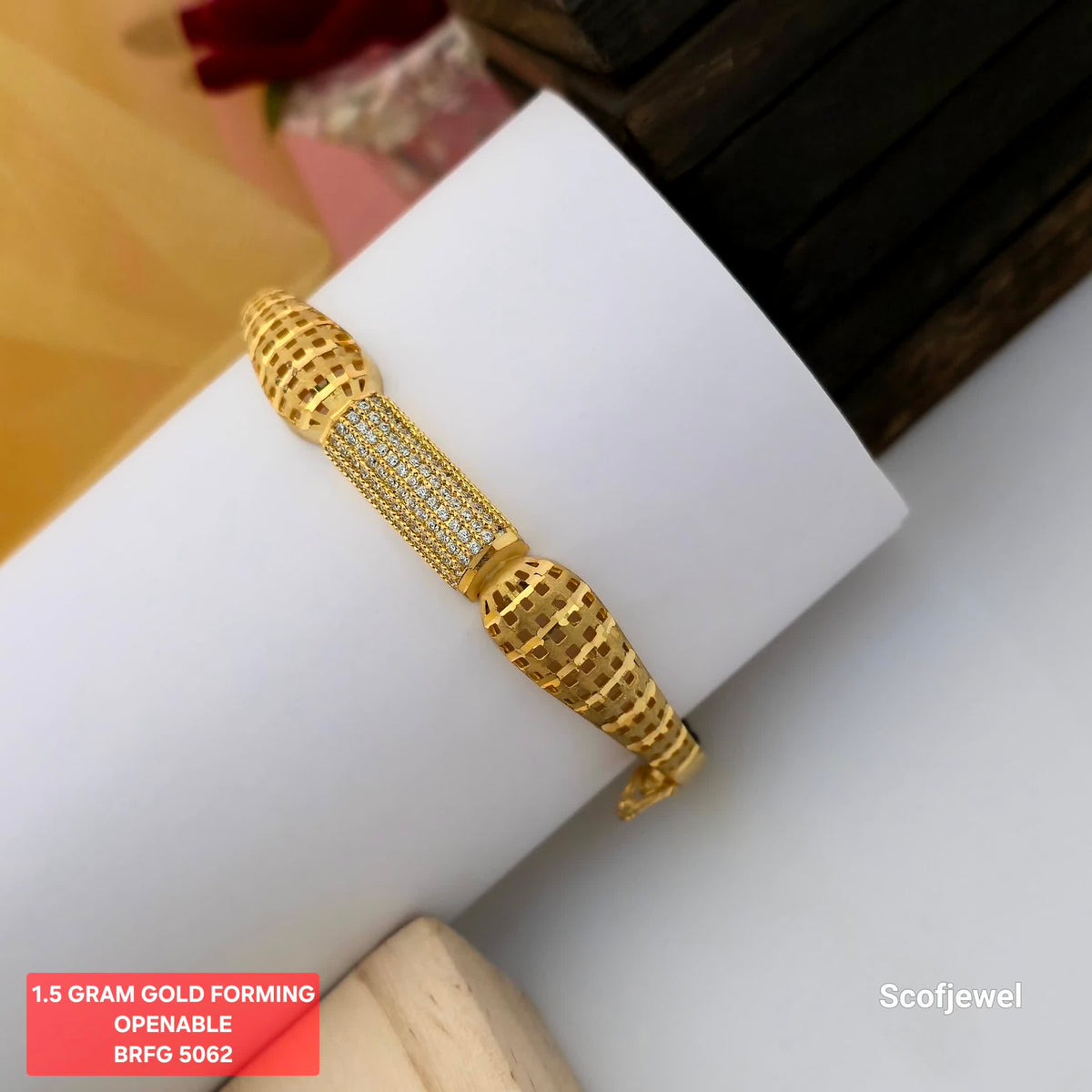 1.5 Gram Gold (Forming) Openable Bangle with White Stone Centre Panel | Designer Gold Tone Bangle for Women