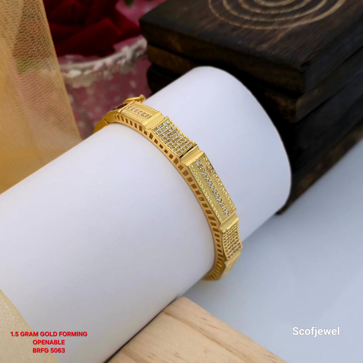1.5 Gram Gold (Forming) Openable Bangle with White Stone Detailing | Designer Gold Tone Bangle for Women