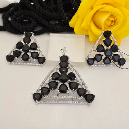 Black_Stone_Triangle_Pendant_Set_with_Earrings_Silver_Plated_Jewellery - Saubhagya Collection 