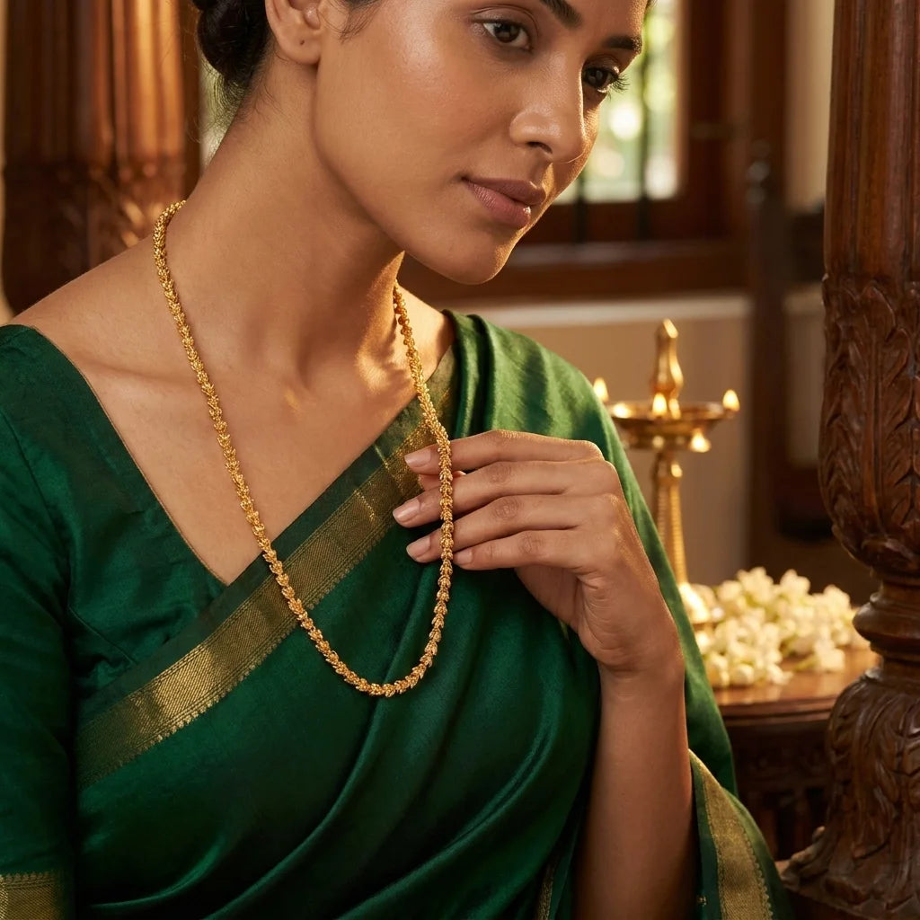 minimal MOP chain, simple gold polish necklace, elegant long chain for women, traditional daily wear jewellery, lightweight ethnic necklace, water resistant gold chain, artificial long necklace