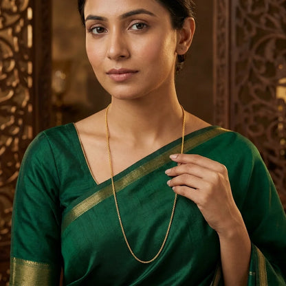 sleek MOP chain, minimal gold polish necklace, elegant long chain for women, lightweight traditional jewellery, water resistant gold necklace, simple ethnic chain, artificial long necklace