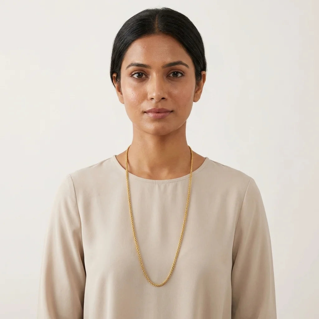 sleek MOP chain, minimal gold polish necklace, elegant long chain for women, lightweight traditional jewellery, water resistant gold necklace, simple ethnic chain, artificial long necklace