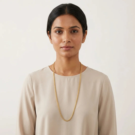 sleek MOP chain, minimal gold polish necklace, elegant long chain for women, lightweight traditional jewellery, water resistant gold necklace, simple ethnic chain, artificial long necklace