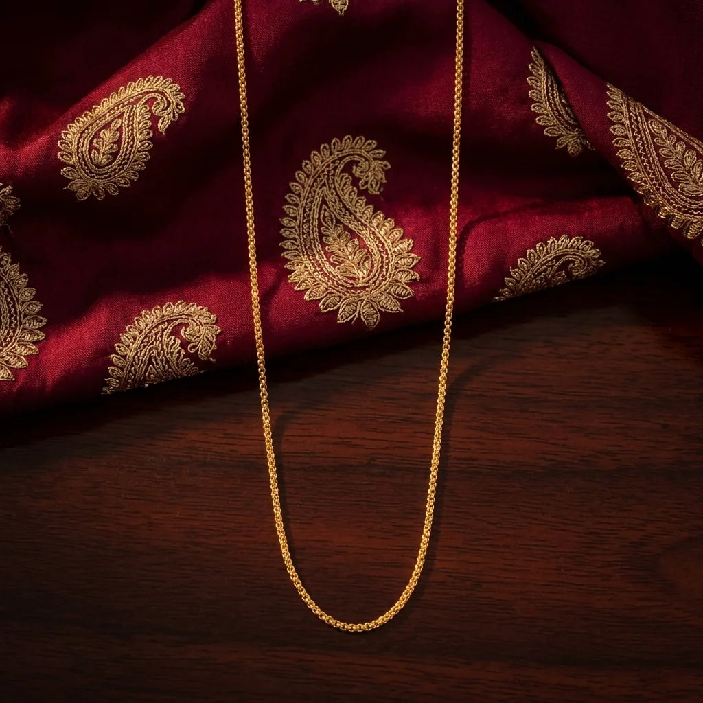 sleek MOP chain, minimal gold polish necklace, elegant long chain for women, lightweight traditional jewellery, water resistant gold necklace, simple ethnic chain, artificial long necklace