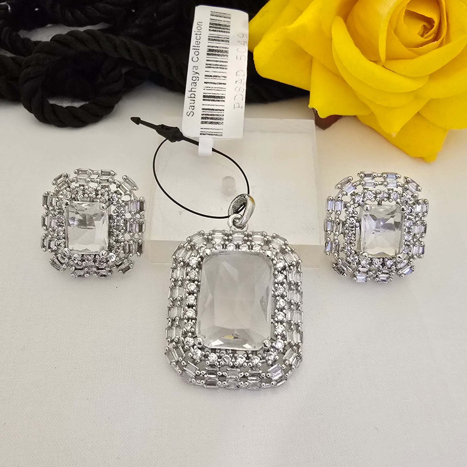 Crystal_Square_Halo_Pendant_Set_with_Earrings_Silver_Plated_Jewellery - Saubhagya Collection 
