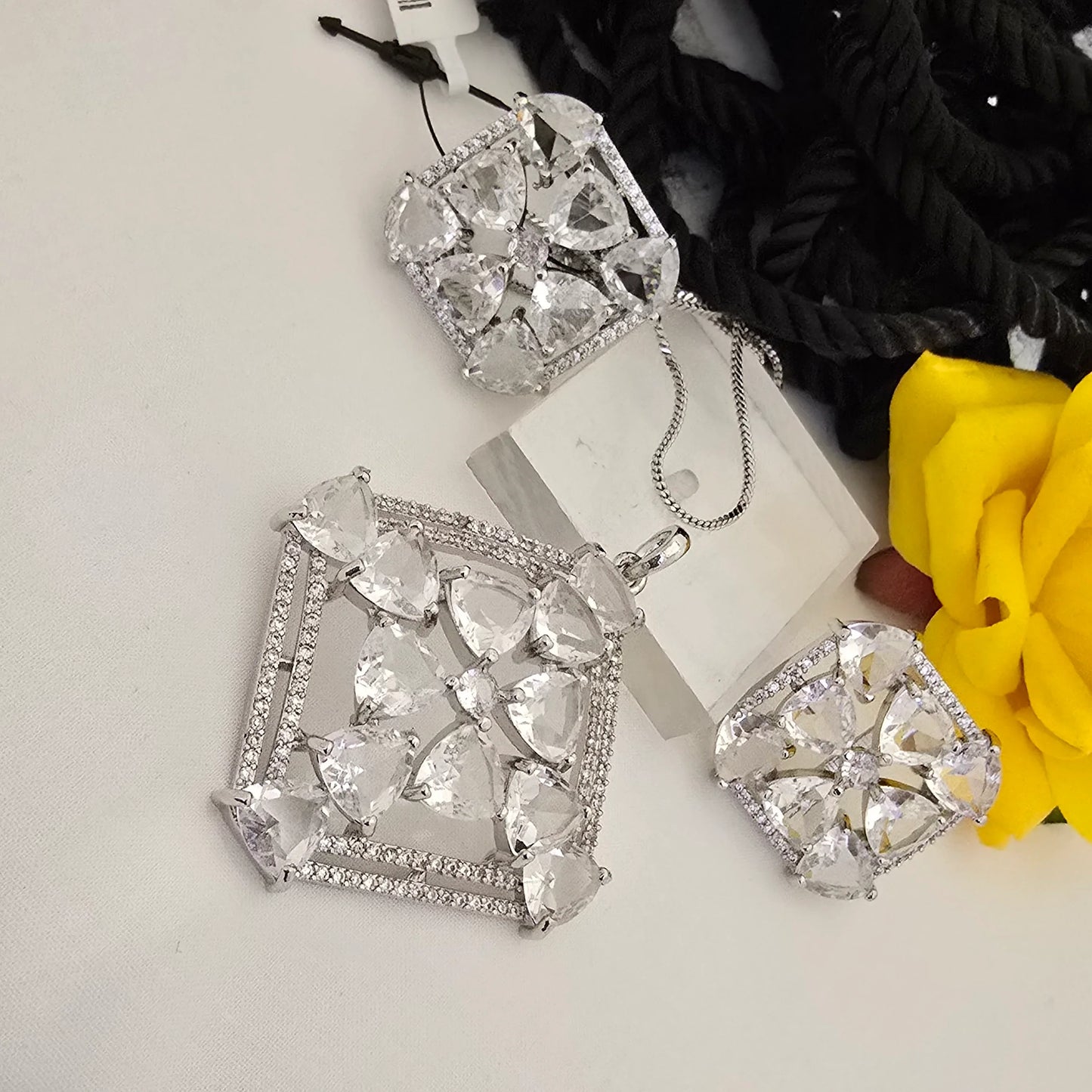 Crystal_White_Square_Pendant_Set_with_Earrings_Silver_Plated_Jewellery - Saubhagya Collection 