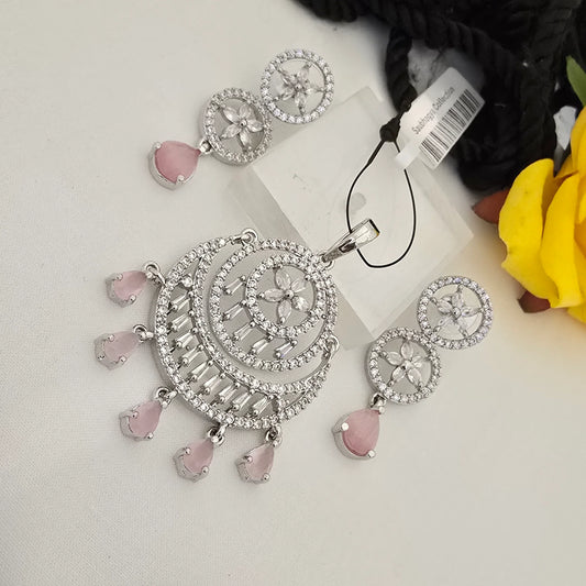 Dangling_Stone_Pendant_Set_with_Earrings_Multi_Color_Variants_Silver_Plated_Jewellery - Saubhagya Collection 