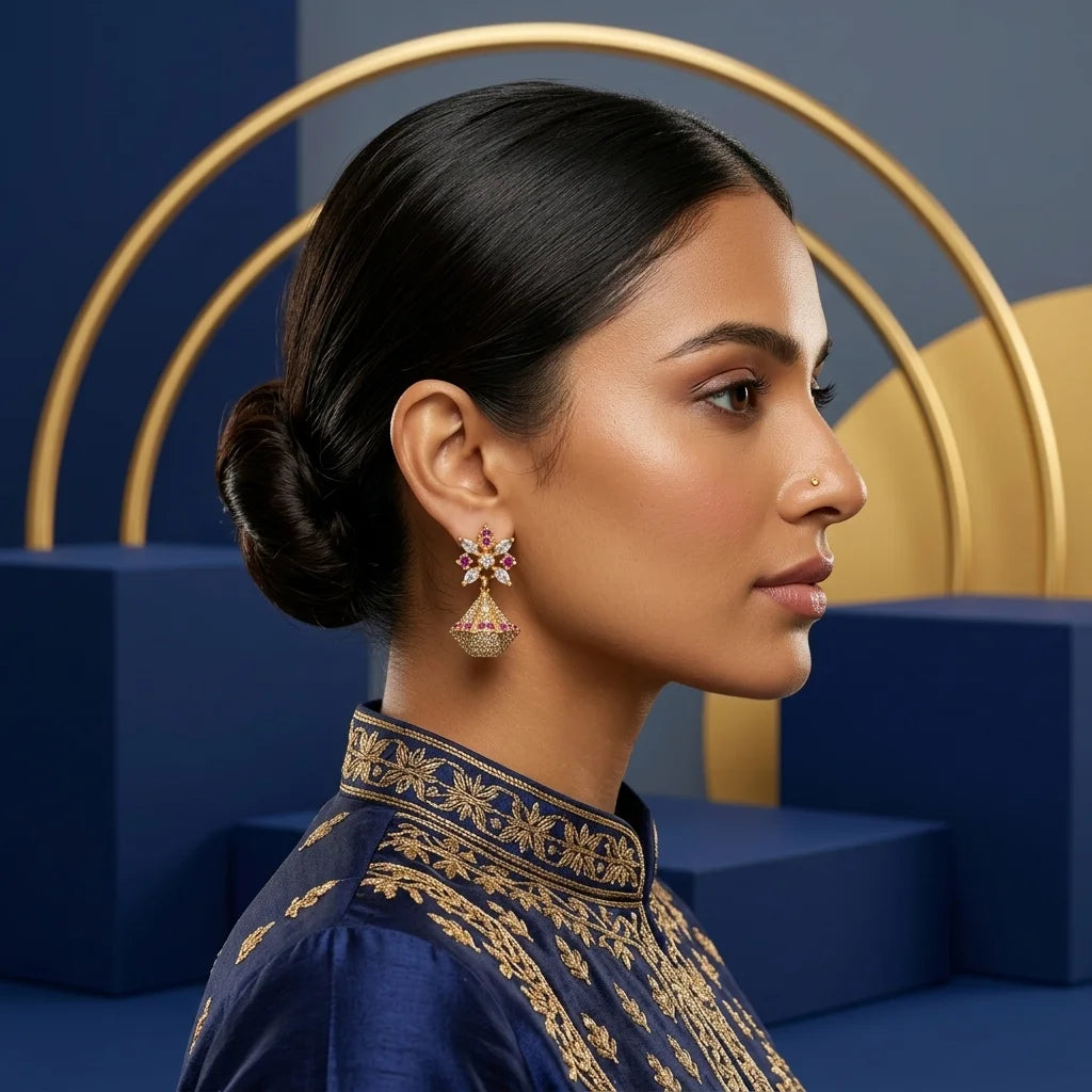 designer floral jhumka earrings, AD stone earrings, bridal earrings, screw back earrings, traditional gold jhumka, festive ethnic jewellery, zirconia earrings for women