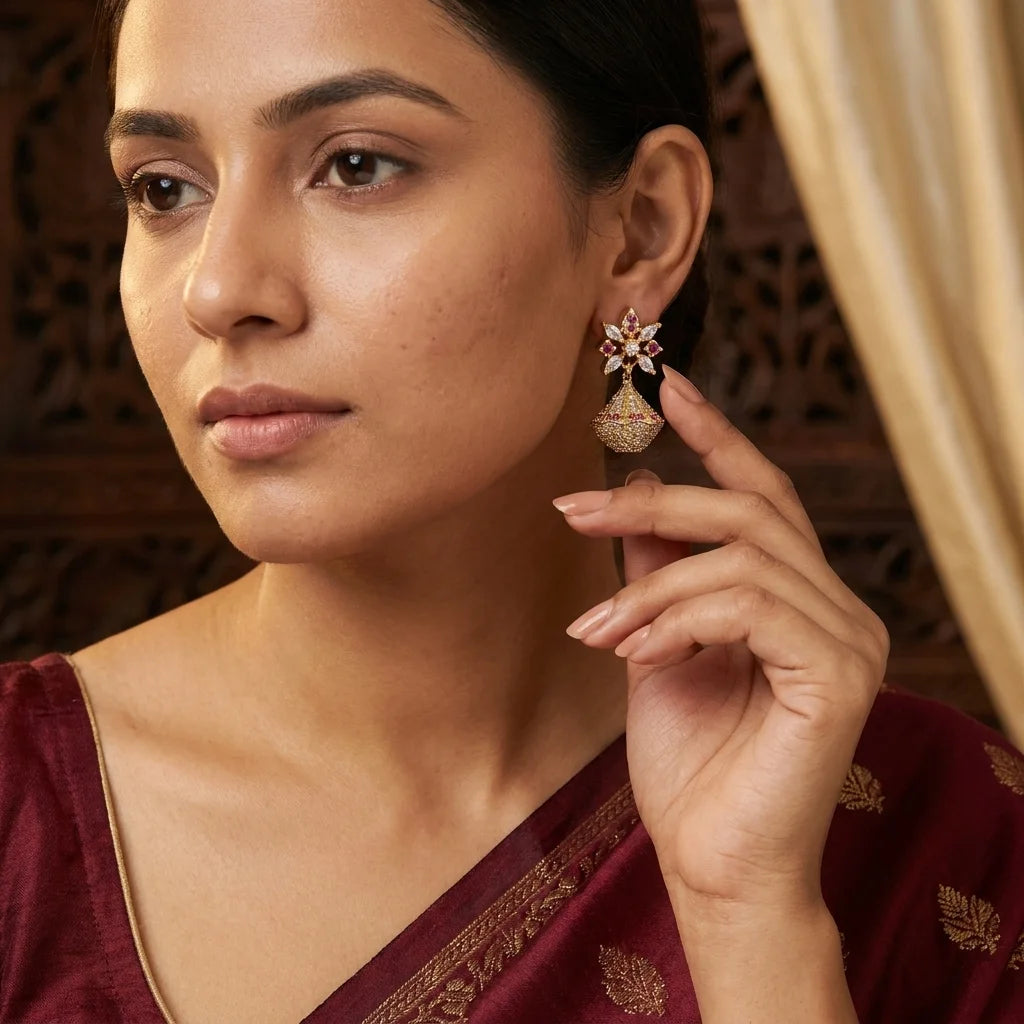 designer floral jhumka earrings, AD stone earrings, bridal earrings, screw back earrings, traditional gold jhumka, festive ethnic jewellery, zirconia earrings for women