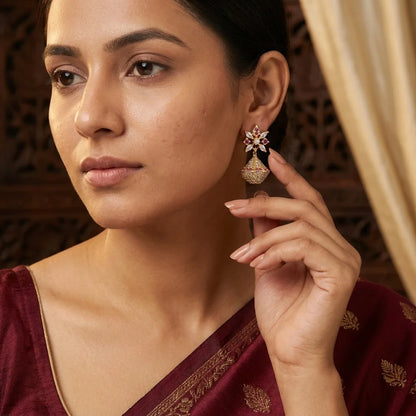 designer floral jhumka earrings, AD stone earrings, bridal earrings, screw back earrings, traditional gold jhumka, festive ethnic jewellery, zirconia earrings for women