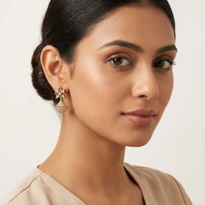 designer floral jhumka earrings, AD stone earrings, bridal earrings, screw back earrings, traditional gold jhumka, festive ethnic jewellery, zirconia earrings for women