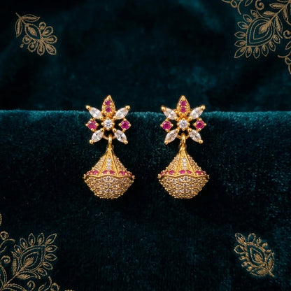 designer floral jhumka earrings, AD stone earrings, bridal earrings, screw back earrings, traditional gold jhumka, festive ethnic jewellery, zirconia earrings for women