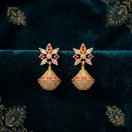 designer floral jhumka earrings, AD stone earrings, bridal earrings, screw back earrings, traditional gold jhumka, festive ethnic jewellery, zirconia earrings for women