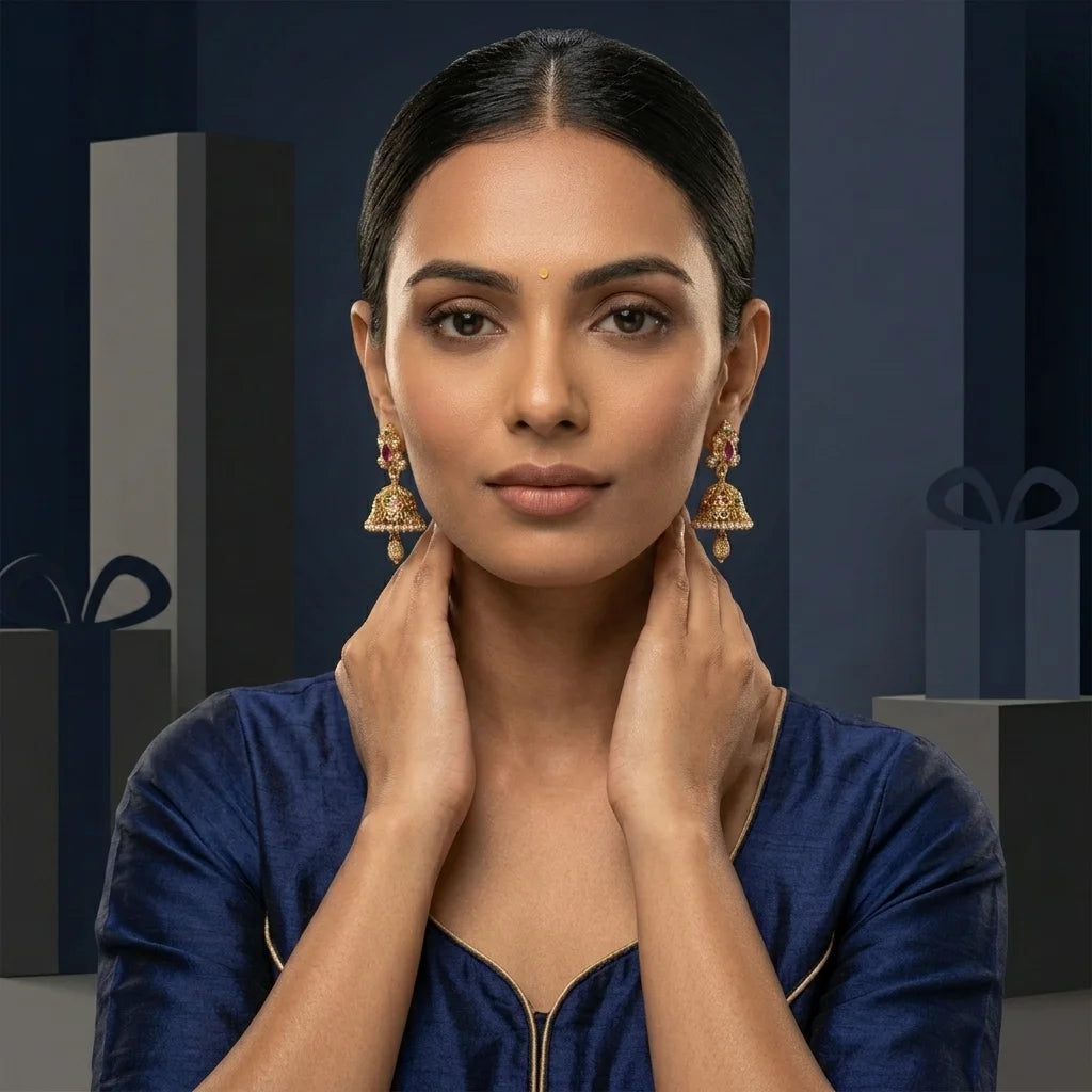 designer mini jhumka earrings, AD stone earrings, traditional gold earrings, screw back earrings, festive ethnic earrings, zirconia jhumka design, imitation jewellery for women