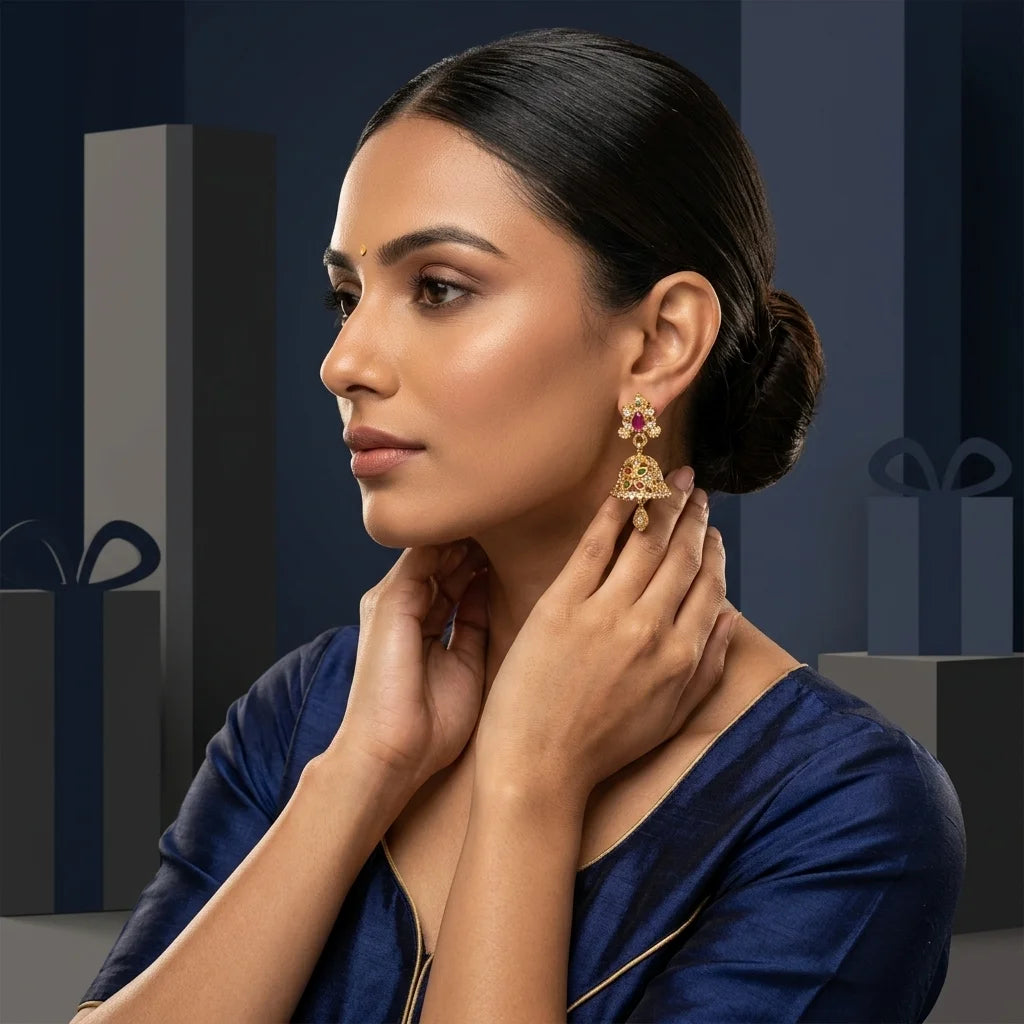 designer mini jhumka earrings, AD stone earrings, traditional gold earrings, screw back earrings, festive ethnic earrings, zirconia jhumka design, imitation jewellery for women