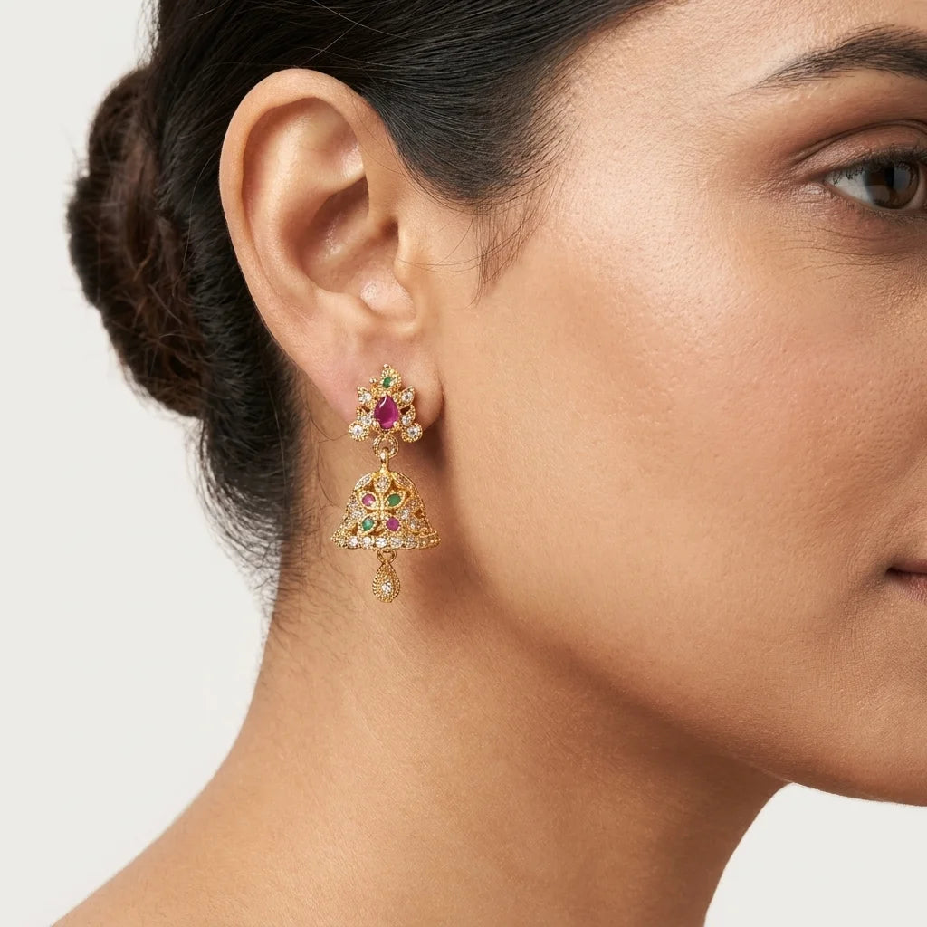 designer mini jhumka earrings, AD stone earrings, traditional gold earrings, screw back earrings, festive ethnic earrings, zirconia jhumka design, imitation jewellery for women