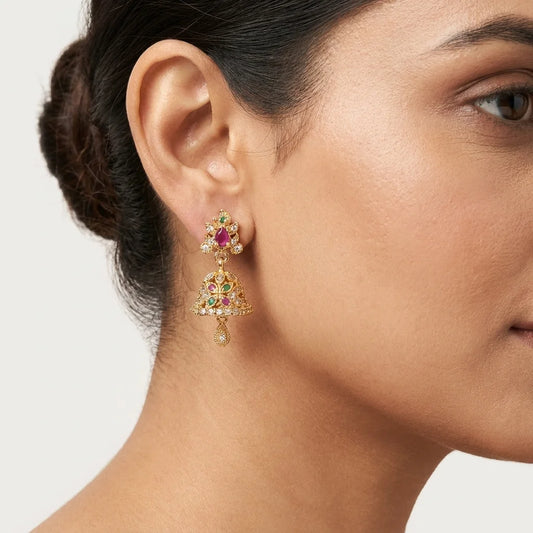 designer mini jhumka earrings, AD stone earrings, traditional gold earrings, screw back earrings, festive ethnic earrings, zirconia jhumka design, imitation jewellery for women