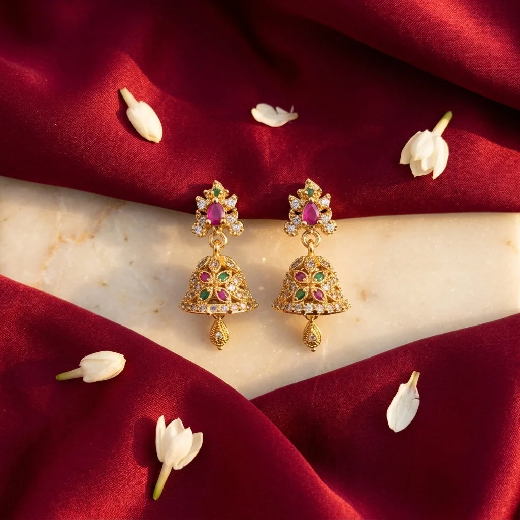 designer mini jhumka earrings, AD stone earrings, traditional gold earrings, screw back earrings, festive ethnic earrings, zirconia jhumka design, imitation jewellery for women