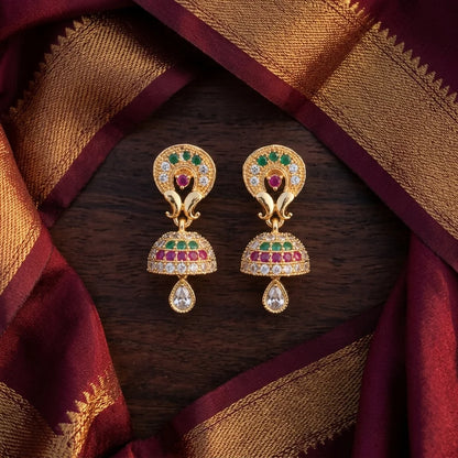 designer mini jhumka earrings, AD stone earrings, screw back earrings, traditional gold earrings, festive jewellery for women, zirconia jhumka earrings, ethnic party wear earrings