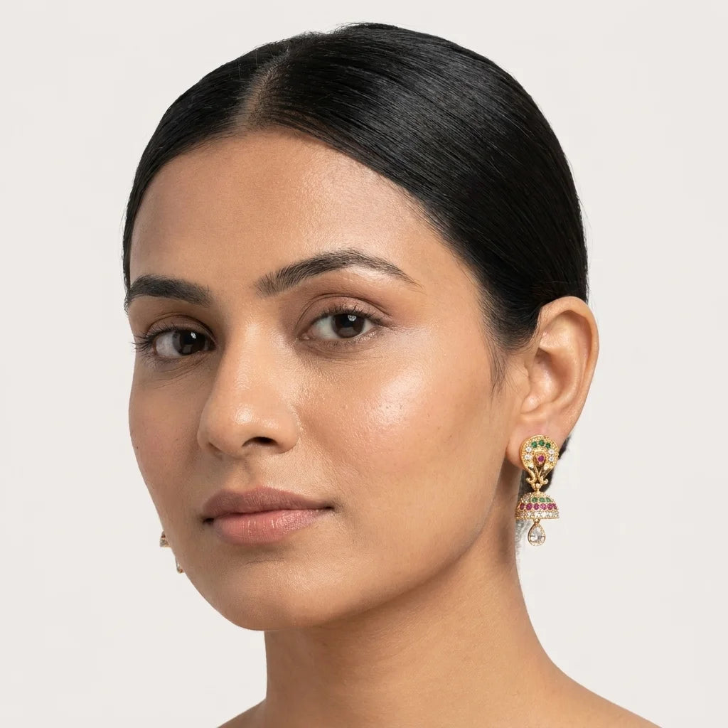 designer mini jhumka earrings, AD stone earrings, screw back earrings, traditional gold earrings, festive jewellery for women, zirconia jhumka earrings, ethnic party wear earrings