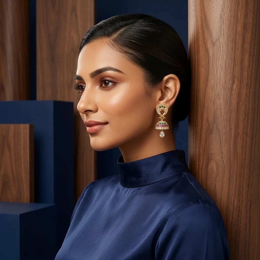 designer mini jhumka earrings, AD stone earrings, screw back earrings, traditional gold earrings, festive jewellery for women, zirconia jhumka earrings, ethnic party wear earrings