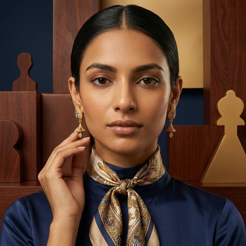 designer AD stone earrings, traditional drop earrings, ethnic gold earrings, screw back earrings, zirconia festive earrings, imitation jewellery for women, antique gold drop earrings