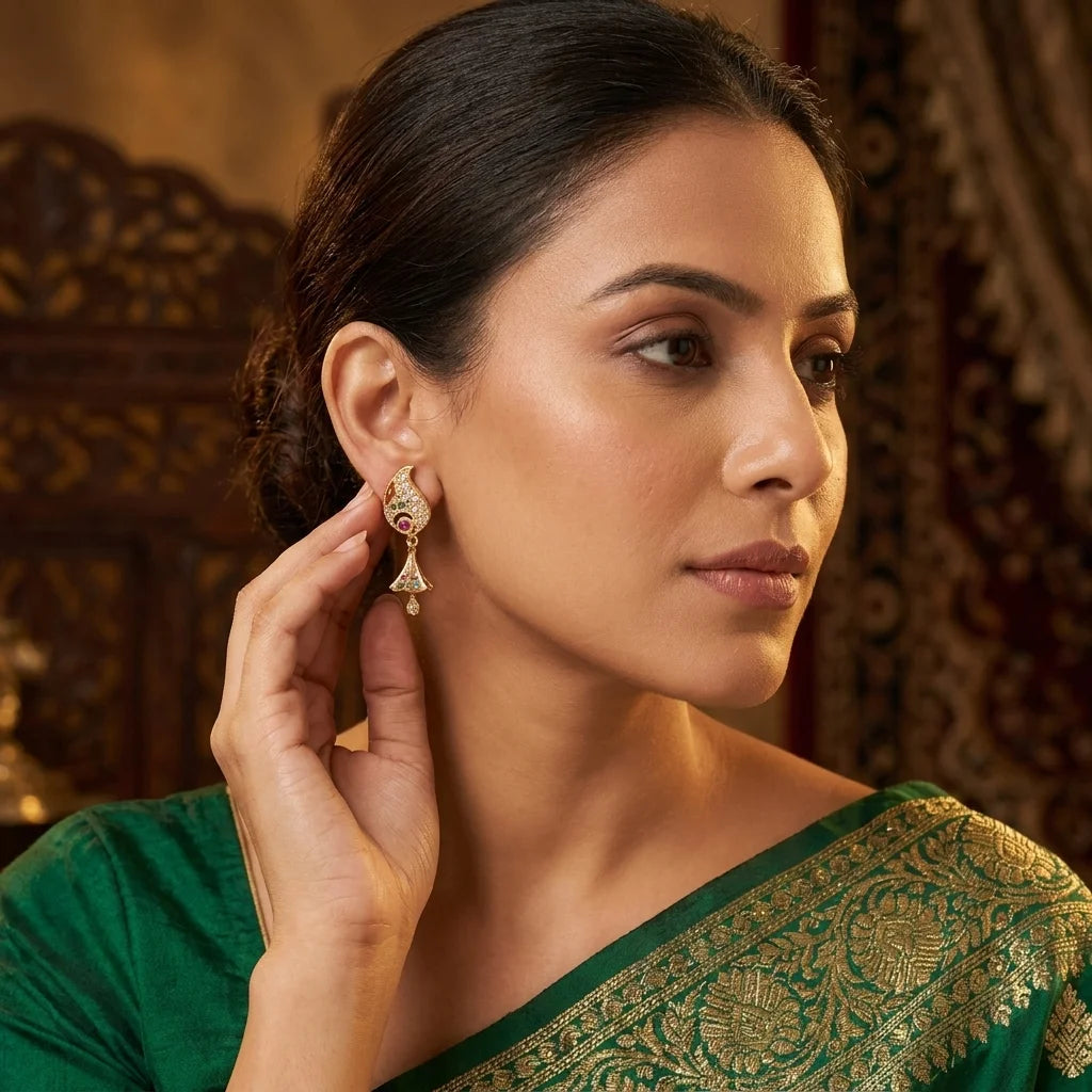 designer AD stone earrings, traditional drop earrings, ethnic gold earrings, screw back earrings, zirconia festive earrings, imitation jewellery for women, antique gold drop earrings