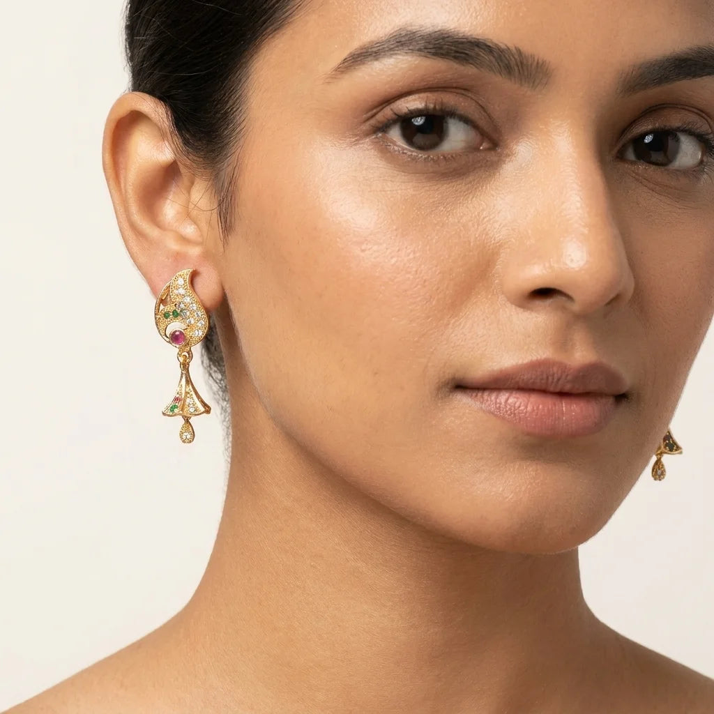 designer AD stone earrings, traditional drop earrings, ethnic gold earrings, screw back earrings, zirconia festive earrings, imitation jewellery for women, antique gold drop earrings