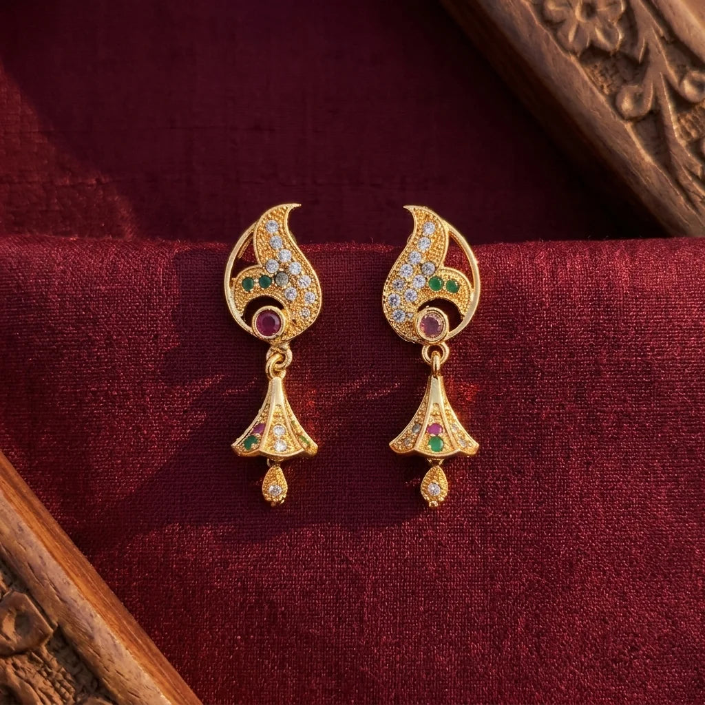 designer AD stone earrings, traditional drop earrings, ethnic gold earrings, screw back earrings, zirconia festive earrings, imitation jewellery for women, antique gold drop earrings