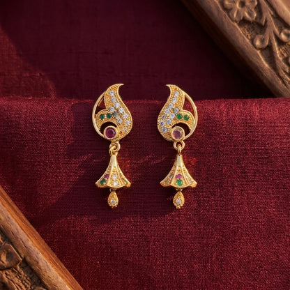 designer AD stone earrings, traditional drop earrings, ethnic gold earrings, screw back earrings, zirconia festive earrings, imitation jewellery for women, antique gold drop earrings