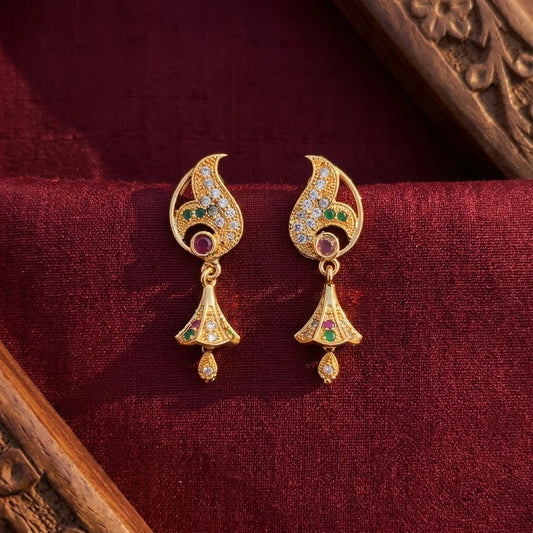 designer AD stone earrings, traditional drop earrings, ethnic gold earrings, screw back earrings, zirconia festive earrings, imitation jewellery for women, antique gold drop earrings