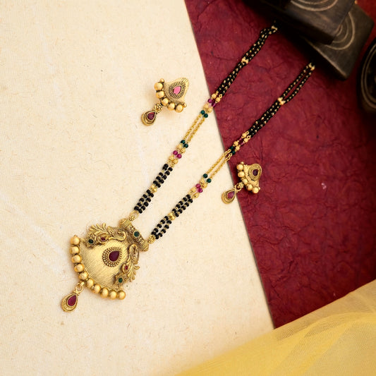 gold plated mangalsutra set, black bead mangalsutra with earrings, antique bell pendant mangalsutra, ruby stone mangalsutra set, imitation gold mangalsutra, traditional indian mangalsutra set
