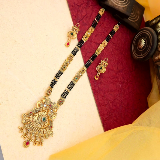 gold plated mangalsutra set, peacock pendant mangalsutra, black bead mangalsutra with earrings, multicolor stone mangalsutra, traditional indian mangalsutra set, imitation gold mangalsutra