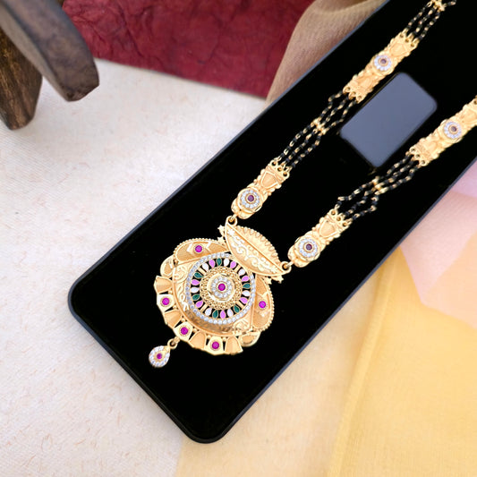 gold plated mangalsutra, designer black bead mangalsutra, antique circular pendant mangalsutra, imitation gold mangalsutra, daily wear mangalsutra, traditional indian mangalsutra