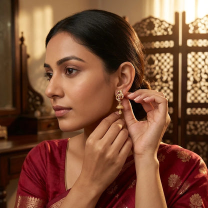 designer peacock earrings, mini jhumka earrings, AD stone earrings, screw back earrings, traditional gold earrings, festive ethnic jewellery, imitation jewellery for women