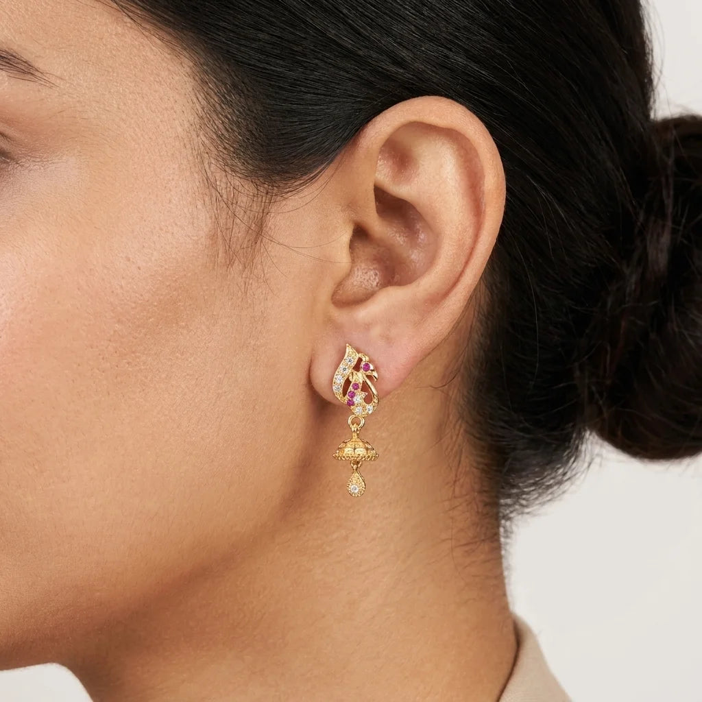 designer peacock earrings, mini jhumka earrings, AD stone earrings, screw back earrings, traditional gold earrings, festive ethnic jewellery, imitation jewellery for women