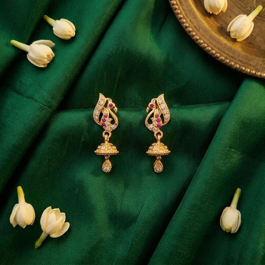 designer peacock earrings, mini jhumka earrings, AD stone earrings, screw back earrings, traditional gold earrings, festive ethnic jewellery, imitation jewellery for women