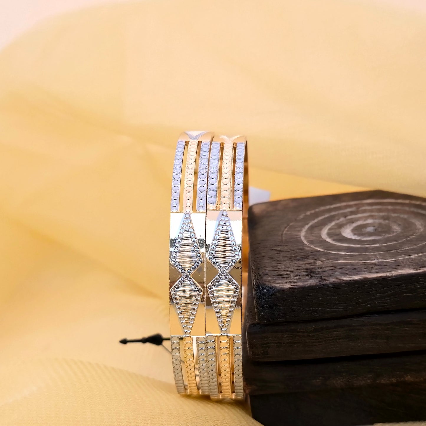 diamond pattern bangles, cnc bangles, dual tone bangles, gold silver bangles, geometric bangles, designer bangles