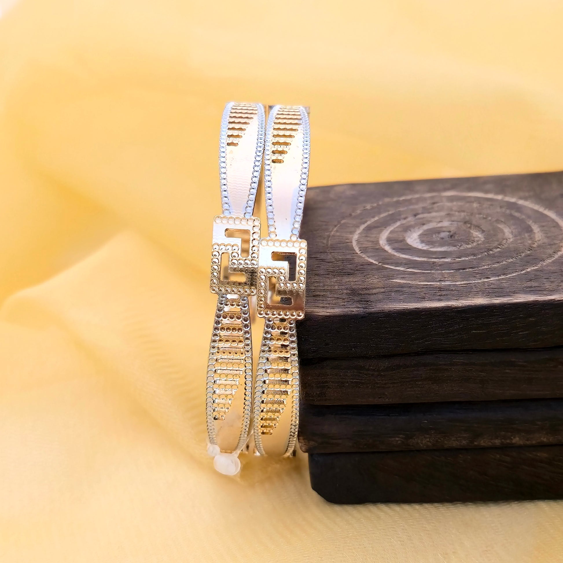 greek key bangles, cnc bangles, dual tone bangles, geometric bangles, gold silver bangles, designer bangles
