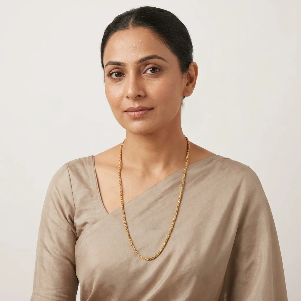 beaded MOP chain, elegant gold polish necklace, traditional long chain for women, lightweight ethnic jewellery, water resistant gold necklace, artificial long chain, daily wear jewellery