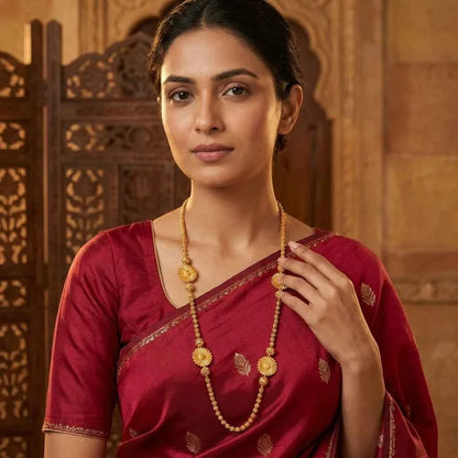 Elegant Floral Design MOP Long Chain for Women | Traditional Gold Polish Ethnic Necklace